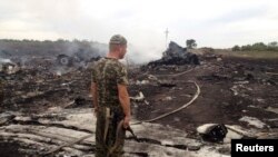 Бойовик перед уламками «Боїнгу-777». 17 липня, 2014 року