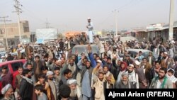 Kunduz residents protest on November 3 against an air strike that they say caused civilian casualties.