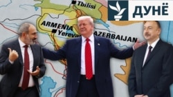 Никол Пашинян, нахуствазири Арманистон (чап), Доналд Трамп, раисҷумҳури Амрико (байн) ва Илҳом Алиев, раисҷумҳури Озарбойҷон (рост). Коллаж