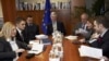 Belgium -- Serbian chief negotiator Borko Stefanovic (R) and and Edita Tahiri (L), deputy prime minister of Kosovo and chief negotiator for the talks with Serbia in Brussels, 09Mar2011