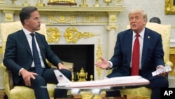 ABŞ-nyň prezidenti Donald Tramp (sagda) we NATO-nyň Baş sekretary Mark Rýutte