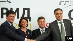 Gjorge Ivanov, Bamir Topi, Filip Vujanović i Atifete Jahjaga na skupu u Ohridu, 12. jul 2011.